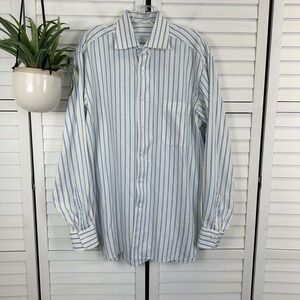 Z Ermenegildo Zegna Cotton Button Front Shirt White Yellow Blue Stripe Men 41/16